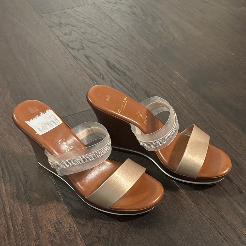 Tan and Clear Wedge Sandals